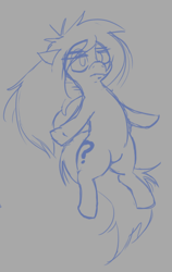 Size: 352x557 | Tagged: safe, artist:jargon scott, oc, oc only, oc:anon-mare, earth pony, pony, female, frown, gray background, lidded eyes, mare, monochrome, pubic mound, simple background, sketch, solo