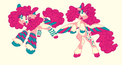 Size: 2000x1069 | Tagged: safe, artist:melon-soda, pinkie pie, pegasus, pony, g4, clothes, coat markings, colored hooves, colored wings, heterochromia, leg warmers, multicolored wings, pale belly, pegasus pinkie pie, race swap, redesign, simple background, smiling, solo, white background, wingding eyes, wings