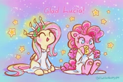 Size: 1280x861 | Tagged: safe, artist:flutterberrypie, fluttershy, pinkie pie, earth pony, pegasus, pony, g4, :3, ^^, candle, colored underhoof, cute, diapinkes, duo, eyes closed, female, hoof heart, lucia, mare, nom, saint lucy's day, shyabetes, sitting, stars, sweden, underhoof