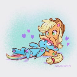 Size: 1200x1200 | Tagged: safe, artist:flutterberrypie, applejack, rainbow dash, earth pony, pegasus, pony, g4, colored pinnae, colored underhoof, cuddling, cute, dashabetes, duo, female, floating heart, freckles, heart, hoof heart, jackabetes, lesbian, looking at each other, looking at someone, lying down, mare, on back, ship:appledash, shipping, sitting, underhoof