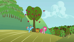 Size: 1280x720 | Tagged: safe, screencap, pinkie pie, rainbow dash, earth pony, pony, applebuck season, g4, apple, apple tree, cart, duo, duo female, female, sweet apple acres, tree