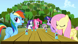 Size: 1280x720 | Tagged: safe, screencap, fluttershy, pinkie pie, rainbow dash, rarity, twilight sparkle, dragon, pony, applebuck season, g4, apple, apple tree, sweet apple acres, tree