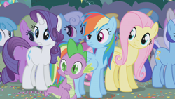 Size: 1280x720 | Tagged: safe, screencap, cherry berry, daisy, flower wishes, fluttershy, lemon hearts, lightning bolt, linky, minuette, rainbow dash, rarity, shoeshine, spike, twinkleshine, white lightning, dragon, earth pony, pegasus, pony, unicorn, applebuck season, g4, season 1, female, folded wings, horn, looking at each other, looking at someone, male, mare, wings, wings down