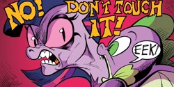 Size: 1334x667 | Tagged: safe, artist:andypriceart, cosmos (character), spike, twilight sparkle, alicorn, dragon, pony, g4, idw, spoiler:comic, spoiler:comic75, baby, baby dragon, cosmos (arc), dialogue, duo, female, male, mare, possessed, speech bubble, twilight sparkle (alicorn), what were they thinking, winged spike, wings, you know for kids