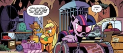 Size: 1334x584 | Tagged: safe, artist:andypriceart, applejack, cosmos (character), twilight sparkle, alicorn, earth pony, pony, g4, idw, spoiler:comic, spoiler:comic76, christine, cosmos (arc), dialogue, duo, female, holy hand grenade of antioch, mare, monty python, monty python and the holy grail, possessed, ruby slippers, speech bubble, sword of omens, the wizard of oz, thundercats, time machine, twilight sparkle (alicorn)