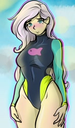 Size: 1500x2550 | Tagged: safe, artist:nolyanimeid, fluttershy, fish, human, equestria girls, blushing, breasts, busty fluttershy, clothes, cloud, curvy, female, flutterthighs, hand on leg, hand on thigh, hourglass figure, legs, long sleeves, sky, solo, sun, swimsuit, thighs