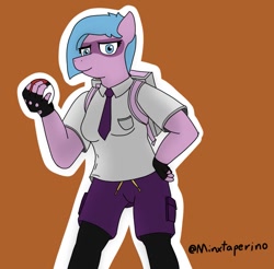 Size: 1097x1080 | Tagged: safe, artist:minxtaperino, oc, oc only, oc:jun yule, anthro, brown background, clothes, female, fingerless gloves, gloves, hand on hip, necktie, pokemon scarlet and violet, poké ball, pokémon, shirt, shorts, simple background, solo