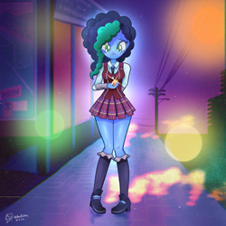 Size: 4500x4500 | Tagged: safe, artist:theratedrshimmer, misty brightdawn, human, equestria girls, g4, g5, bokeh, chromatic aberration, clothes, clothes swap, crystal prep academy uniform, cute, equestria girls-ified, female, g5 to equestria girls, g5 to g4, generation leap, jewelry, medallion, mistybetes, necklace, retro, school uniform, skirt, solo
