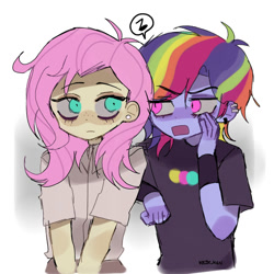 Size: 1000x1000 | Tagged: safe, artist:krikzilla, fluttershy, rainbow dash, human, equestria girls, g4, blouse, clothes, duo, ear piercing, female, freckles, humanized, lesbian, piercing, ship:flutterdash, shipping, shirt, simple background, t-shirt, white background