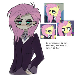 Size: 1000x1000 | Tagged: safe, artist:krikzilla, fluttershy, human, g4, clothes, eyeshadow, female, fluttergoth, goth, humanized, makeup, piercing, screencap reference, simple background, solo, text, white background