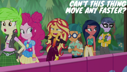 Size: 1280x720 | Tagged: safe, edit, edited screencap, editor:quoterific, screencap, cherry crash, desert sage, doodle bug, micro chips, pinkie pie, sunset shimmer, human, equestria girls, equestria girls specials, g4, my little pony equestria girls: better together, my little pony equestria girls: sunset's backstage pass, barrier, cellphone, female, impatient, male, phone, smartphone, text
