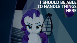 Size: 1920x1080 | Tagged: safe, edit, edited screencap, editor:quoterific, screencap, rarity, pony, unicorn, do princesses dream of magic sheep, g4, season 5, brick wall, broken wall, caption, dream, female, horn, mare, night, solo, stairs, subtitles, text, text edit, window