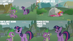 Size: 4400x2475 | Tagged: safe, edit, edited screencap, editor:quoterific, screencap, pinkie pie, spike, twilight sparkle, dragon, earth pony, pony, unicorn, feeling pinkie keen, g4, unicorn twilight