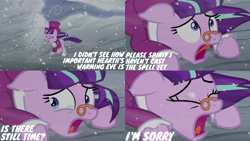 Size: 4400x2475 | Tagged: safe, edit, edited screencap, editor:quoterific, screencap, snowfall frost, starlight glimmer, pony, unicorn, windigo, a hearth's warming tail, g4, apology, clothes, crying, despair, eyes closed, frock coat, hat, implied spirit of hearth's warming yet to come, jabot, open mouth, realization, regret, s5 starlight, sad, shirt, snow, snowfall, spats, top hat