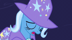 Size: 360x202 | Tagged: safe, screencap, trixie, pony, unicorn, g4, magic duel, season 3, animated, cape, clothes, eyes closed, gif, hat, head down, moving, open mouth, sad, solo, stars, trixie's cape, trixie's hat