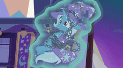 Size: 360x202 | Tagged: safe, screencap, starlight glimmer, sunburst, trixie, pony, unicorn, g4, uncommon bond, animated, cape, chains, clothes, female, floating, gif, glowing, glowing horn, hat, horn, magic, magic aura, male, mare, solo focus, stallion, telekinesis, tied up, trixie's cape, trixie's hat