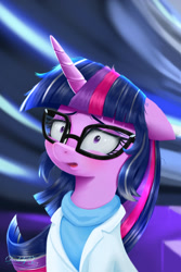 Size: 1500x2250 | Tagged: safe, artist:darksly, sci-twi, twilight sparkle, pony, unicorn, equestria girls, g4, clothes, commission, equestria girls ponified, female, glasses, grey hair, lab coat, mare, older, open mouth, ponified, shrunken pupils, solo, unicorn sci-twi