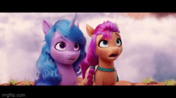 Size: 360x202 | Tagged: safe, edit, edited screencap, screencap, izzy moonbow, sunny starscout, earth pony, pony, unicorn, g5, my little pony: a new generation, spoiler:my little pony: a new generation, 3d, animated, bag, cloud, duo, female, gif, mare, reversed