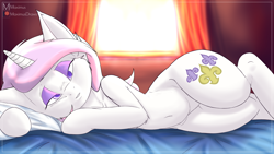 Size: 7680x4320 | Tagged: safe, artist:maximus, fleur-de-lis, pony, unicorn, semi-anthro, g4, arm hooves, bedroom eyes, belly, commission, female, human shoulders, lying down, mare, solo, sternocleidomastoid, wide hips, ych result