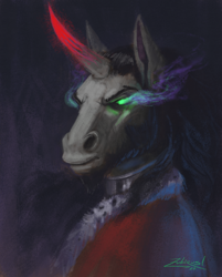 Size: 900x1118 | Tagged: safe, artist:zubirus, king sombra, pony, umbrum, unicorn, g4, bust, digital painting, evil, fine art emulation, glowing, glowing eyes, glowing horn, horn, painterly, painting, portrait, serious, serious face, solo, sombra eyes