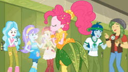 Size: 520x293 | Tagged: safe, editor:quoterific, screencap, aqua blossom, captain planet, paisley, pinkie pie, rose heart, sandalwood, sunset shimmer, human, equestria girls, equestria girls specials, g4, my little pony equestria girls: better together, my little pony equestria girls: holidays unwrapped, o come all ye squashful, animated, canterlot high, cellphone, cornucopia costumes, fabulous, female, gif, hallway, lockers, male, phone, smartphone, taking a photo