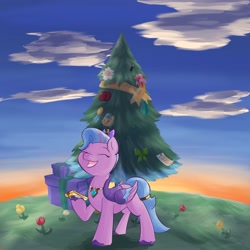 Size: 4096x4096 | Tagged: safe, artist:felldeal, queen haven, pegasus, pony, series:daily drawing december, g5, absurd resolution, christmas, christmas tree, cloud, eyebrows, eyes closed, female, folded wings, holiday, mare, open mouth, open smile, phone, present, sky, smiling, solo, tree, wings