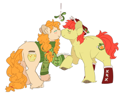 Size: 1074x839 | Tagged: safe, artist:devondraws, bright mac, pear butter, earth pony, pony, g4, boop, boots, clothes, duo, female, hat, male, mistletoe, noseboop, ship:brightbutter, shipping, shoes, simple background, straight, sweater, transparent background