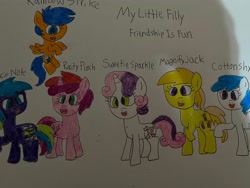 Size: 4032x3024 | Tagged: safe, artist:rain-approves, aura (g4), cotton cloudy, first base, noi, ruby pinch, sweetie belle, earth pony, pegasus, pony, unicorn, g4, adorabase, alternate mane six, alternate universe, aurabetes, cottonbetes, cute, cutie mark, diasweetes, female, filly, first base can fly, flying, foal, girly girl, noiabetes, open mouth, open smile, pegasus first base, pinchybetes, race swap, raised hoof, raised leg, simple background, smiling, tomboy, traditional art, white background