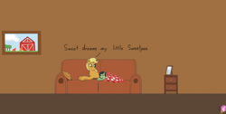 Size: 1639x828 | Tagged: safe, apple bloom, applejack, big macintosh, granny smith, oc, oc:green, earth pony, pony, unicorn, derpibooru, fanfic:trust once lost, g4, artistnismorose, chest fluff, couch, cowboy hat, cuddling, cute, drawer, ear fluff, family photo, fanfic, fanfic art, female, filly, foal, hat, horn, indoors, link in description, living room, lying down, mare, meta, mother and daughter-in-law, motherly love, photo, sleeping, speech bubble, story included, tags, text, youtube link