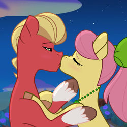 Size: 1920x1920 | Tagged: safe, artist:grapefruit-face, posey bloom, sprout cloverleaf, earth pony, pony, g5, base used, blushing, bow, duo, eyes closed, female, hair bow, jewelry, kissing, lidded eyes, male, necklace, night, outdoors, ship:poseysprout, shipping, stallion, straight, tongue out
