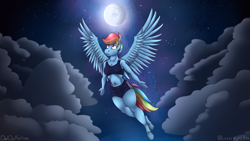 Size: 3840x2160 | Tagged: safe, artist:owloffortune, rainbow dash, pegasus, anthro, unguligrade anthro, g4, breasts, clothes, cloud, flying, high res, moon, shorts, sky, solo, sports bra, sports shorts, wallpaper, wings