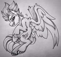 Size: 2956x2776 | Tagged: safe, artist:starcasteclipse, spitfire, pegasus, pony, g4, female, flying, high res, open mouth, pencil drawing, sketch, smiling, solo, traditional art