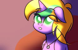 Size: 5580x3600 | Tagged: safe, artist:iceflower99, oc, oc only, oc:buggy brush, pony, unicorn, fanfic:your faithful student buggy brush, chest fluff, eye clipping through hair, fanfic, fanfic art, floppy ears, horn, jewelry, necklace, unicorn oc