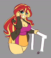 Size: 1932x2211 | Tagged: safe, artist:fanterfane, sunset shimmer, human, equestria girls, g4, breasts, busty sunset shimmer, clothes, simple background, skirt, smiling, thick, thighs