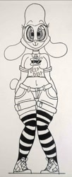 Size: 819x2000 | Tagged: safe, artist:spoopygirl, pom (tfh), sheep, anthro, them's fightin' herds, asdfmovie, beep beep, clothes, community related, female, lineart, shirt, shorts, socks, solo, thigh highs, traditional art, wide hips