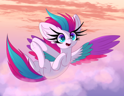 Size: 8250x6375 | Tagged: safe, artist:windykirin, zipp storm, pegasus, pony, g5, absurd resolution, adorazipp, cloud, colored wings, cute, female, flying, happy, long eyelashes, mare, multicolored wings, open mouth, open smile, smiling, solo, spread wings, starry eyes, sunrise, underhoof, wingding eyes, wings
