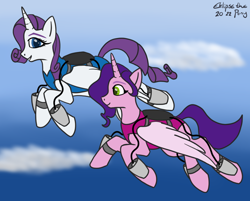 Size: 1120x902 | Tagged: safe, artist:eklipsethepony, pipp petals, rarity, alicorn, pony, g4, g5, adorapipp, alicornified, cute, duo, horns, jetpack, pipp and her heroine, pippcorn, race swap, raricorn, wings