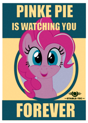 Size: 1000x1400 | Tagged: safe, artist:dddromm, pinkie pie, earth pony, pony, fallout equestria, g4, big brother is watching, ministry mares, ministry of morale, pinkie pie is watching you, poster, propaganda, solo