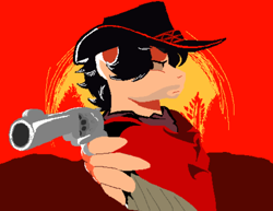 Size: 1172x903 | Tagged: safe, artist:pencilsparkreignited, oc, oc only, oc:smokin ace, pegasus, pony, bandana, clothes, cowboy hat, gun, handgun, hat, long mane, male, pegasus oc, poncho, red dead redemption 2, revolver, scenery, side view, simple background, stallion, stallion oc, sunset, tree, weapon, wings