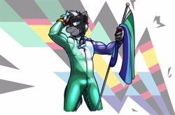Size: 3127x2046 | Tagged: safe, artist:krd, oc, oc only, oc:marble rift, zebra, anthro, anthro oc, flag, flag pole, gay pride flag, grin, hand in hair, high res, latex, latex suit, looking at you, male, pride, pride flag, rubber pride flag, smiling, solo, vincian pride flag, zebra oc