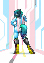 Size: 2480x3508 | Tagged: safe, artist:krd, oc, oc only, oc:vitruvia, cyborg, cyborg pony, earth pony, anthro, anthro oc, ass, boots, butt, high res, latex, latex suit, looking at you, looking back, looking over shoulder, pride, pride flag, rubber pride flag, shoes, smiling, solo, transgender pride flag