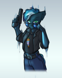 Size: 2000x2500 | Tagged: safe, artist:krd, oc, oc only, oc:vitruvia, cyborg, cyborg pony, earth pony, anthro, anthro oc, belt, clothes, ear piercing, earth pony oc, glasses, glowing, glowing eyes, gun, handgun, high res, jewelry, looking at you, necklace, piercing, pistol, pride, pride flag, simple background, solo, the matrix, transgender pride flag, white background