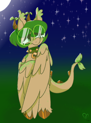 Size: 900x1210 | Tagged: safe, artist:pagophasia, derpibooru exclusive, oc, oc only, oc:hortis culture, hybrid, pony, collar, full body, glasses, horns, leaf, looking down, moon, night, nonbinary, round glasses, smiling, solo, stars, unshorn fetlocks, wings