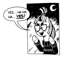 Size: 829x738 | Tagged: safe, artist:mellodillo, edit, moondancer, pony, unicorn, g4, against glass, black and white, crescent moon, female, glass, grayscale, mare, meme, monochrome, moon, png, ponified meme, reaction image, sicko, sickos, simple background, solo, speech bubble, the onion, transparent background, underhoof, window