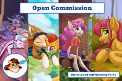 Size: 3000x2000 | Tagged: safe, artist:kittytitikitty, silverstream, sunburst, sweetie belle, terramar, oc, oc:linseed, oc:suban, g4, advertisement, commission, commission info, high res, open commission