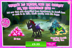 Size: 1957x1296 | Tagged: safe, gameloft, pharynx, changeling, g4, my little pony: magic princess, advertisement, bush, costs real money, english, fangs, gem, horn, insect wings, introduction card, male, mobile game, numbers, sale, solo, text, tree, wings