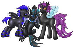 Size: 1280x851 | Tagged: safe, artist:termyotter, oc, oc only, oc:blitzy, oc:quantum, oc:spatium ventus, changeling, blue changeling, changeling oc, purple changeling, simple background, white background