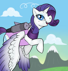 Size: 873x915 | Tagged: safe, artist:nightdreamthefool, rarity, alicorn, pony, g4, alicornified, clothes, flying, jetpack, leotard, mountain, open mouth, race swap, raricorn, sky, sky background, solo