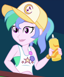 Size: 530x640 | Tagged: safe, screencap, summer solstice (g4), human, equestria girls, equestria girls series, five lines you need to stand in, g4, spoiler:eqg series (season 2), bare shoulders, cap, clothes, cropped, female, food, hat, mustard, not celestia, offscreen character, sauce, sleeveless, solo, vendor