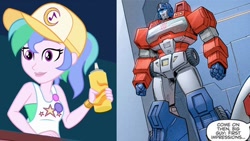 Size: 1280x720 | Tagged: safe, edit, edited screencap, screencap, summer solstice (g4), human, equestria girls, five lines you need to stand in, g4, my little pony equestria girls: better together, bare shoulders, comparison, not celestia, optimus prime, orion pax, sleeveless, transformers